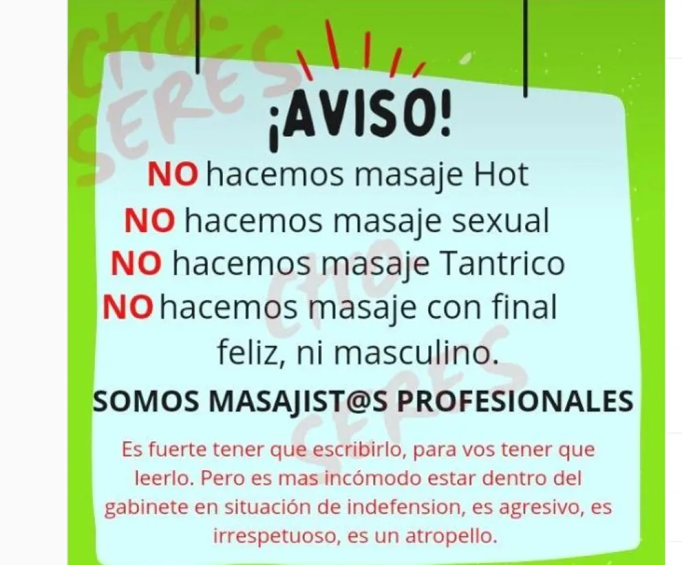 Insólito: un centro de masajes tuvo que salir a aclarar que no realizan trabajos sexuales 