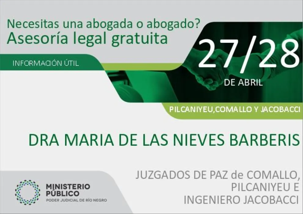Miércoles y jueves brindarán asesoramiento legal gratuito en Pilcaniyeu, Comallo y Jacobacci 