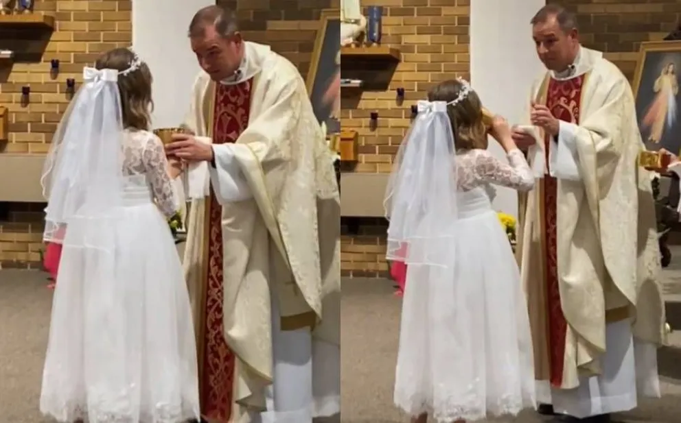 Viral: la reacción del cura cuando una niña hace fondo blanco con el vino del cáliz